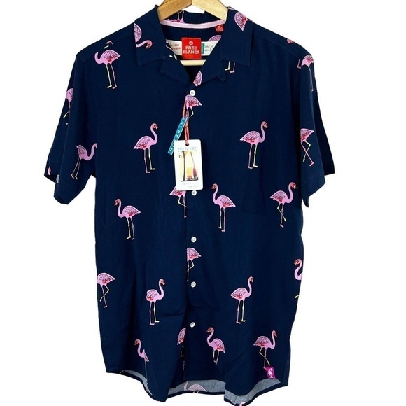 Free Planet Navy Blue Short Sleeve Flamingo Hawaiian Shirt M Button Down - Picture 1 of 12